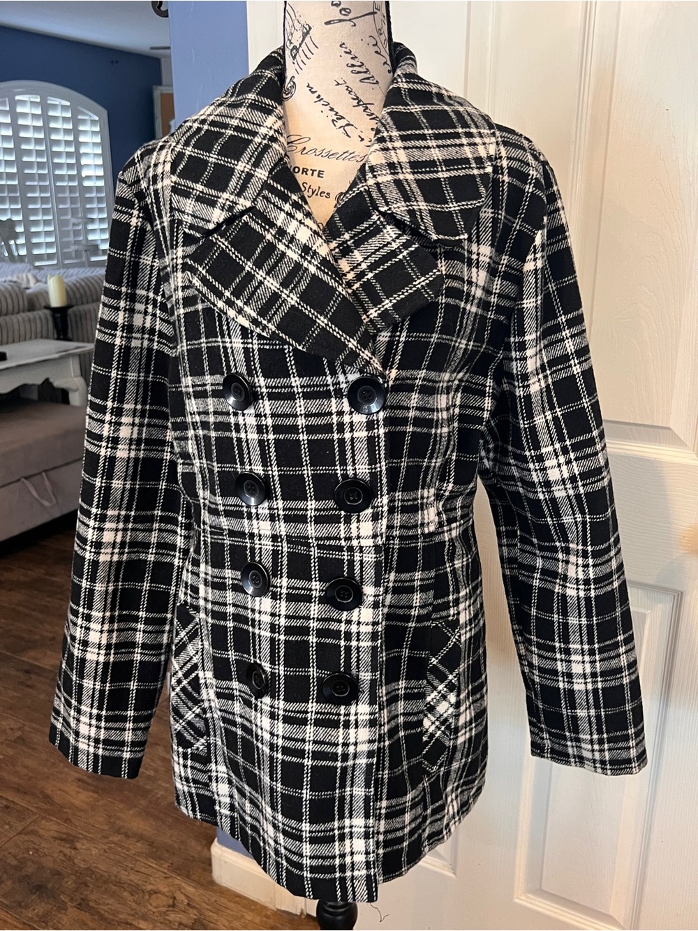 Rue 21 Classic Plaid Trench Pea Coat Jacket Button Front Black White XL Y2K